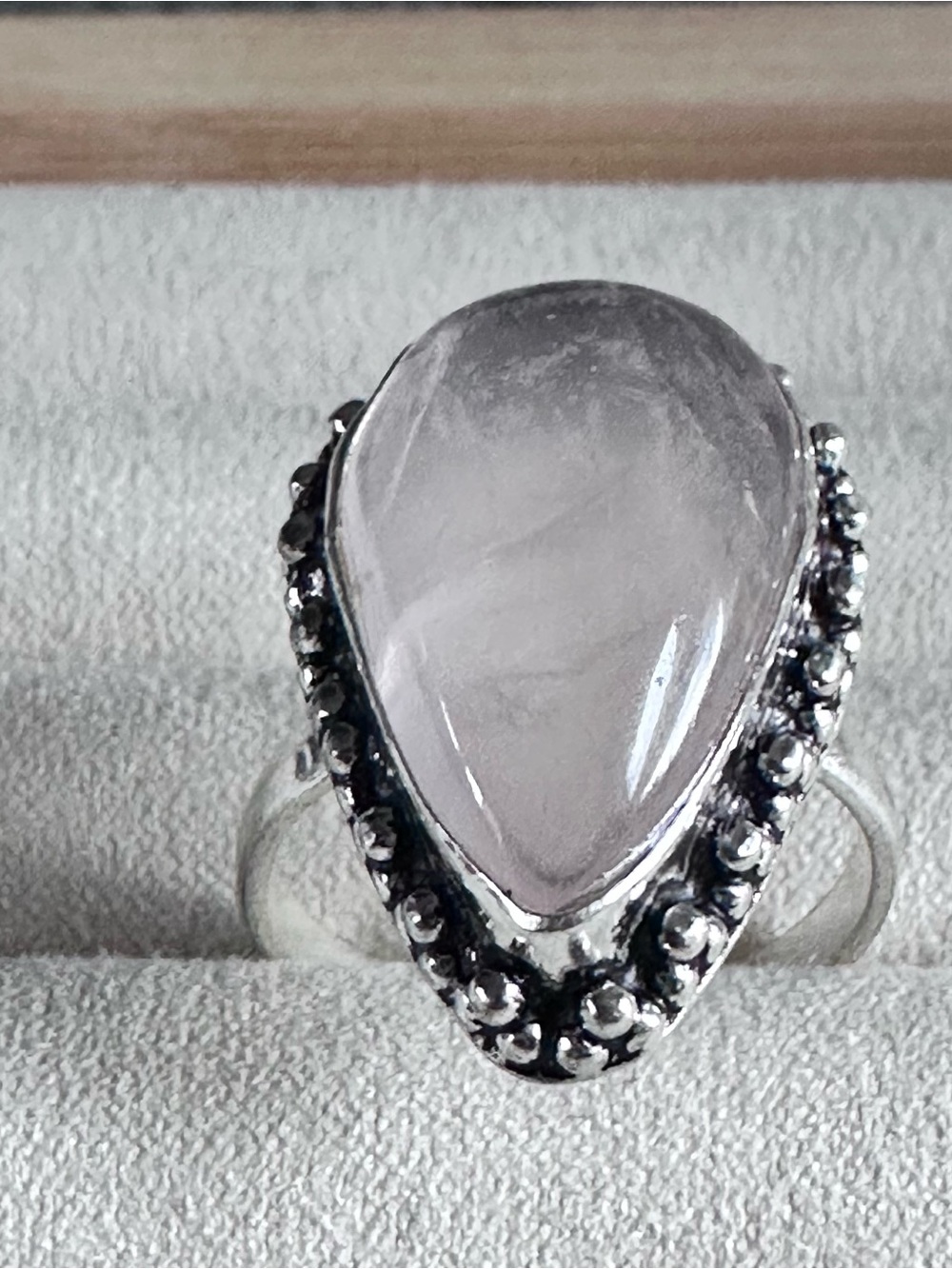 Artisan Rose Pink Quartz Teardrop Ring in Pale Pink and Silver Size 9